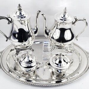 INTERNATIONAL SILVER 5 pc FOOTED TEA & COFFEE SET ON ORIGINAL OVAL BUTLER TRAY